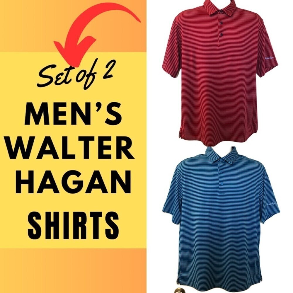 Walter Hagen Set of 2 Men's Golf Polo Shirts Red Blue Striped 11 Majors Medium